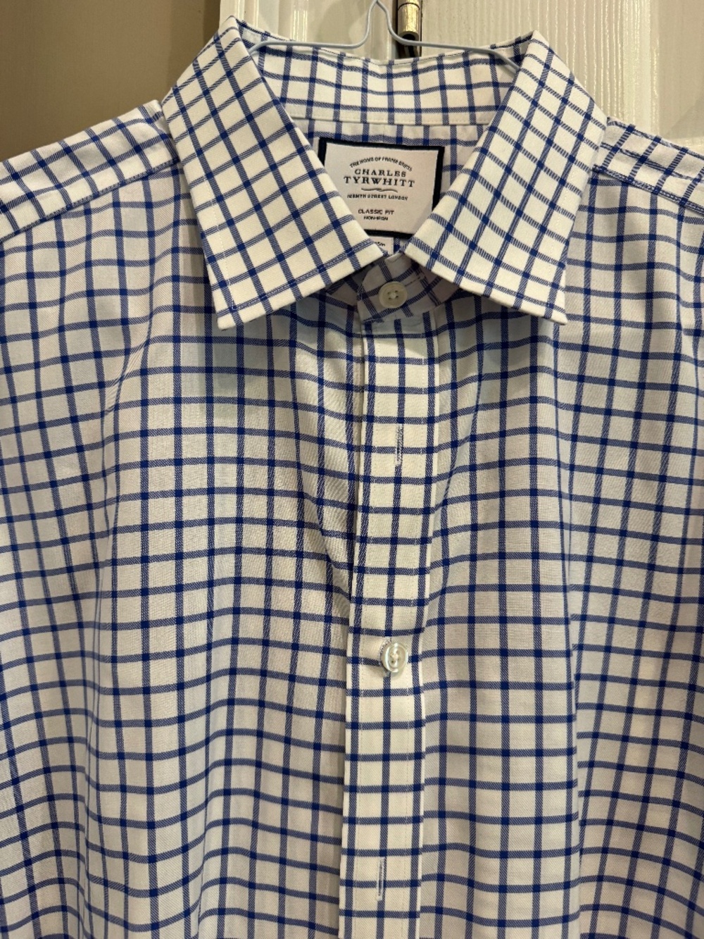 Charles Tyrwhitt shirt, 18 x 35, blue and white window pane print, like new
